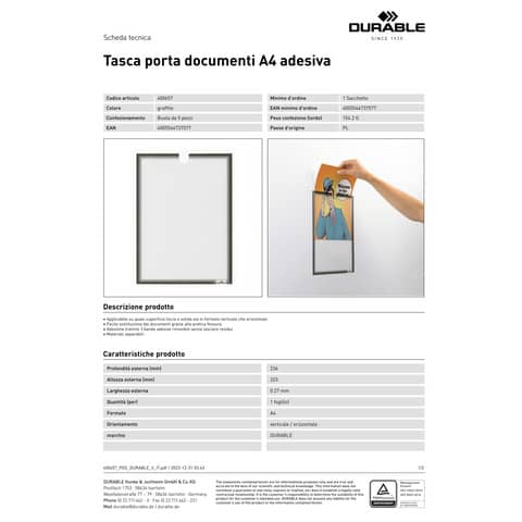 Tasca porta documenti adesiva Durable formato A4 grigio antracite in conf. 5 pz - 4006-58